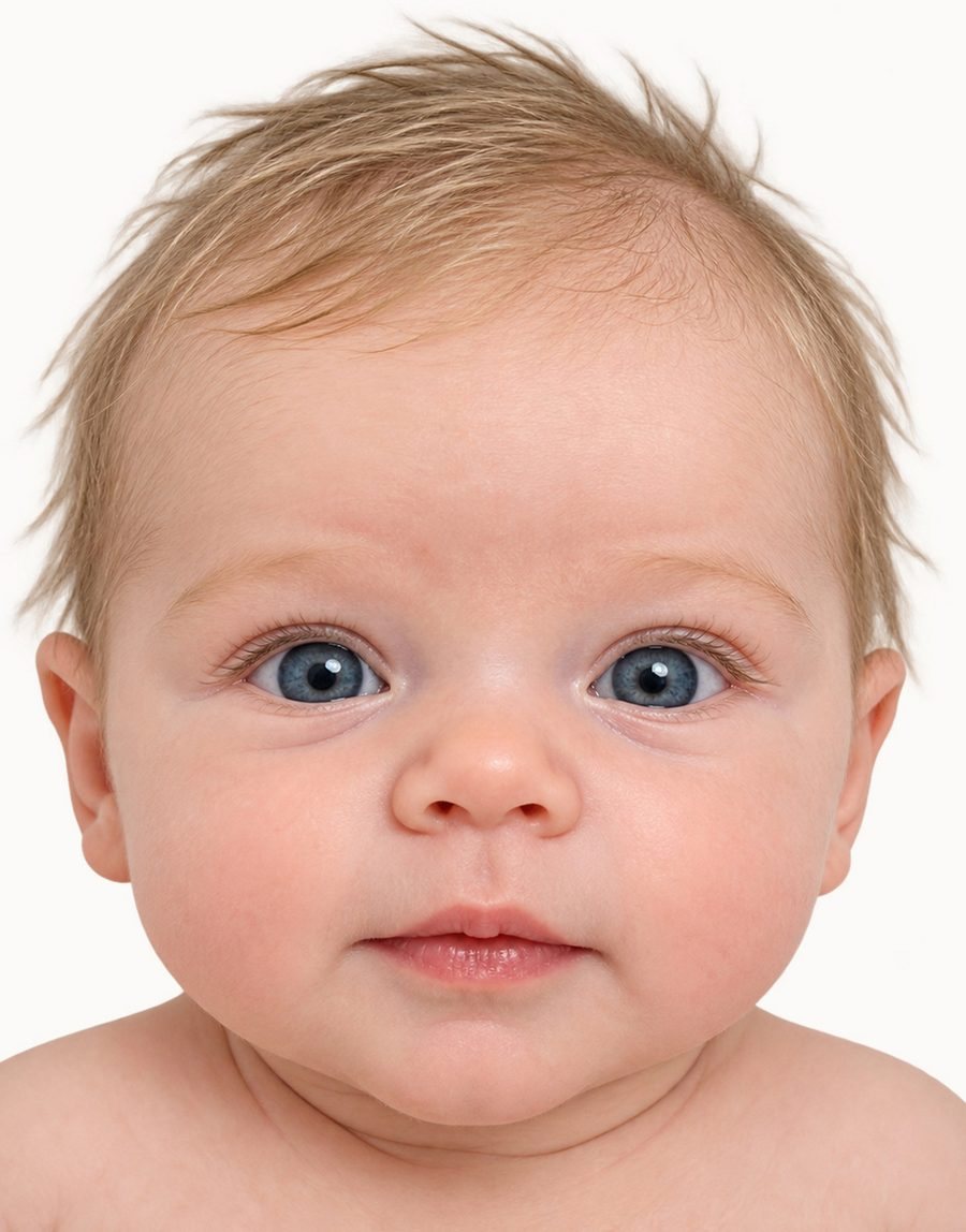 Passbild eines Babys mit blauen Augen
