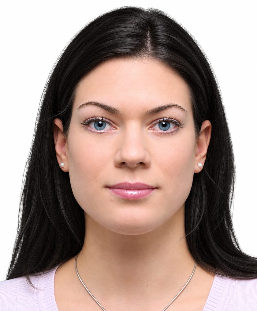 Passbild einer jungen Frau vor weißem Hintergrund